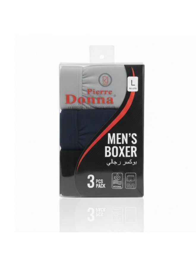 بيير دونا رجالي بوكسر قصير داخلي طقم 3 قطع – أسود، رمادي فاتح وكحلي | قطن مكعب ناعم | جودة كورية فاخرة | مريح في الارتداء | المقاس XXL - Image 3